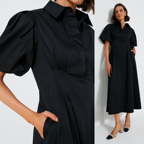 Tuckernuck NEW Black Delaney Puff Sleeve Fit and Flare Cotton Maxi Dress Size L - Picture 2 of 11